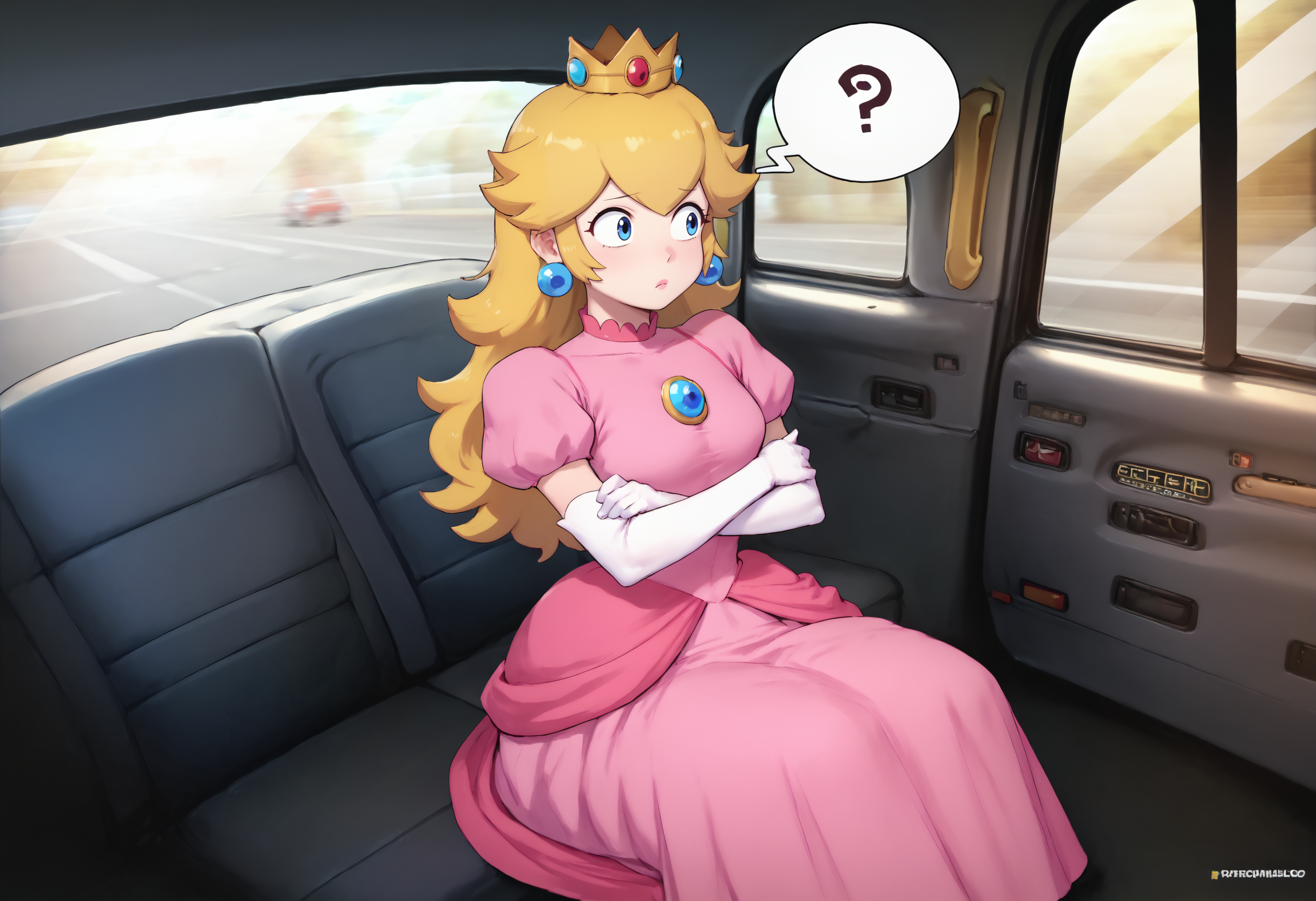 score_9, score_8_up, score_7_up, detailed, <lora:FakeTaxiMeme_XLPD:0.85>, fake taxi, car interior, sitting, ground vehicle, <lora:PrincessPeach_XLPD:0.9>, princess peach, pink dress, elbow gloves, crown, confused, crossed arms, spoken question mark,