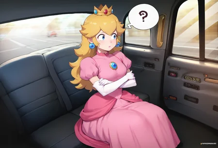 score_9, score_8_up, score_7_up, detailed, <lora:FakeTaxiMeme_XLPD:0.85>, fake taxi, car interior, sitting, ground vehicle, <lora:PrincessPeach_XLPD:0.9>, princess peach, pink dress, elbow gloves, crown, confused, crossed arms, spoken question mark,