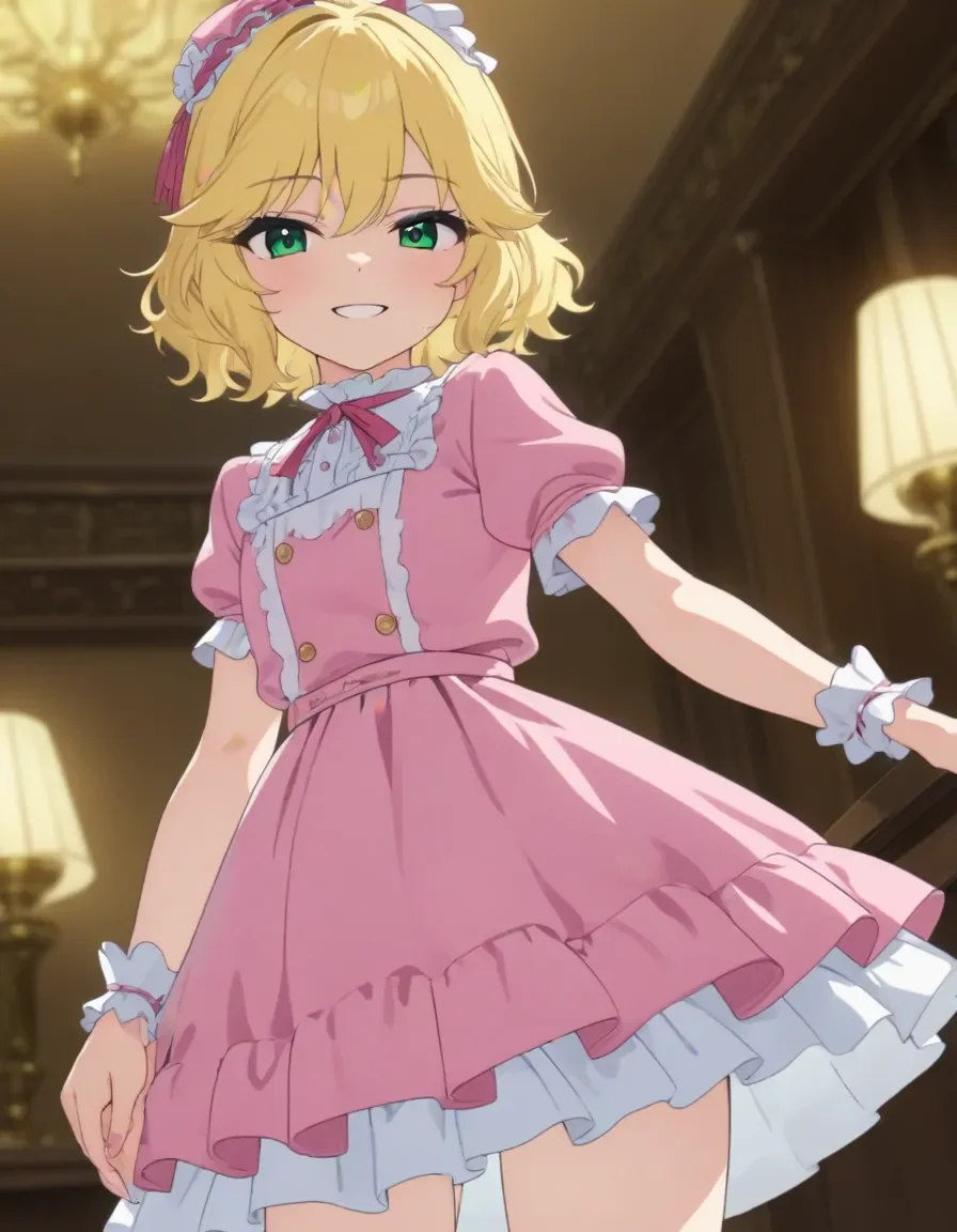 best quality,masterpiece, 4k, uncensored, prefect lighting, rating_explicit
1girl, solo,
sakurai momoka, blonde hair, green eyes, bangs, short hair,wavy hair
skrmomoka_CC, pink dress,frilled skirt,
,smile ,cowboy shot, looking at viewer
,newest,official art
<lora:sdxl_lightning_8step_lora:1> <lora:sakuraimomoka_animagine_v1:0.6>