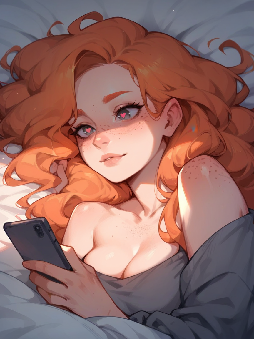 score_9, score_8_up, score_7_up, score_6_up, score_5_up,   <lora:ph0n3XLP_r1:1> ph0n3, holding phone, lying, 1girl, long hair, ginger hair, cleavage, freckles, grey eyes, heart-shaped pupils, dark, glow