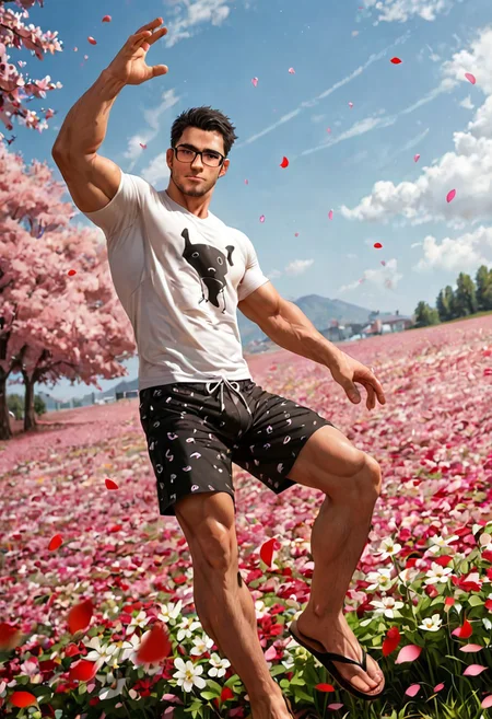 score_9, score_8_up, score_7_up, ultra hd, absurdres, solo, best aesthetic, shiny skin, outdoor, flower field, tree, solo, male focus,
1boy, ettaphyl, bara, short hair, black hair, brown eyes, glasses, t-shirt, dog print, shorts, wooden sandals, dynamic pose, relaxing, fisheye, windy, (flying petal:1.5)