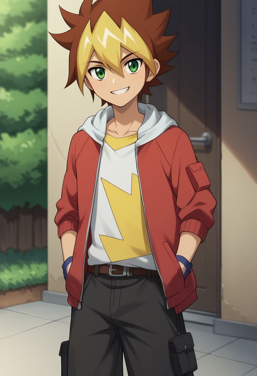 score_9, score_8_up, source_anime, highly detailed, skinny, cute,
yuga, 1boy, male focus, gloves, solo, smile, fingerless gloves, shorts, holding, green eyes, jacket, multicolored hair, hood, shirt, brown hair,
hair between eyes, print shirt, red jacket, hands in pockets,
outdoor, upper body,