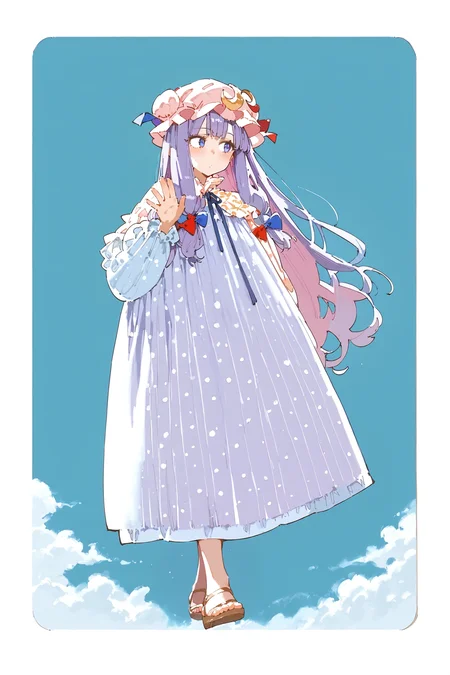 (score_9, score_8_up:1.1),score_7_ up,highly detailed,
BREAK
1girl,purple hair,purle eyes,long hair,mob cap,crescent hat ornament,ribbon,dress,patchouli knowledge,waving goodbye,walking away,head turn,:P,sandals,toes,feet,<lora:detailed_notrigger:1>,<lora:naip33:0.85>,<lora:Illustrations_for_children:1>,