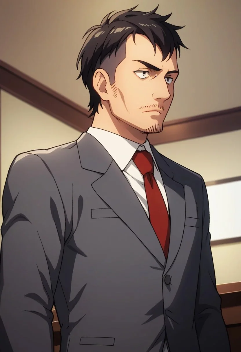 score_9, score_8_up, score_7_up, score_6_up, perfect anatomy, perfect proportions, best quality, masterpiece, high_resolution, high quality, aesthetic, absurdres, (male focus), solo male, adult, mature, masculine, manly, handsome, charming, alluring, upper body, cowboyshot, dutch angle, source_anime, anime coloring, chibi, AOTNile, black hair, short hair, undercut, facial hair, stubble, sideburns, bags under eyes, Nile_outfit03, grey suit, white collared shirt, red necktie, grey blazer, closed blazer, grey pants, indoors, school background