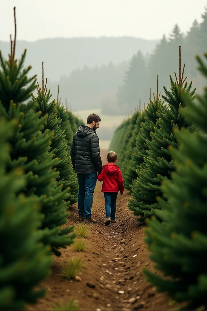 Cinematic style, <lora:Sinfully_Stylish_.02_for_FLUX:1> A Christmas tree farm, rows of perfectly shaped trees, a family choosing the perfect treeâââ