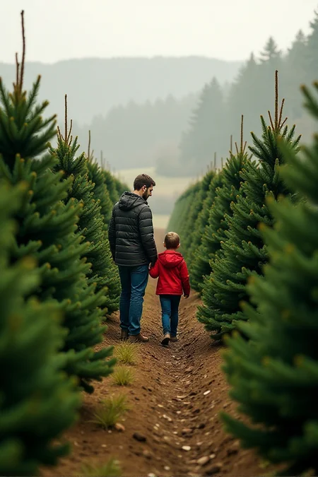 Cinematic style, <lora:Sinfully_Stylish_.02_for_FLUX:1> A Christmas tree farm, rows of perfectly shaped trees, a family choosing the perfect treeâââ