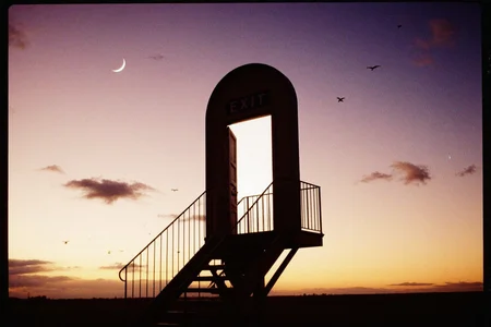 8n8log, Surreal scene, a floating metal staircase leading to an open door marked EXIT emitting bright light, isolated against a dramatic sunset sky with hues of pink, purple, and orange, crescent moon visible in the upper background, flock of birds flying below, ethereal, dreamlike atmosphere. film photography aesthetic, film grain effect prominent throughout image, high contrast lighting creating dramatic shadows, grainy film-like texture