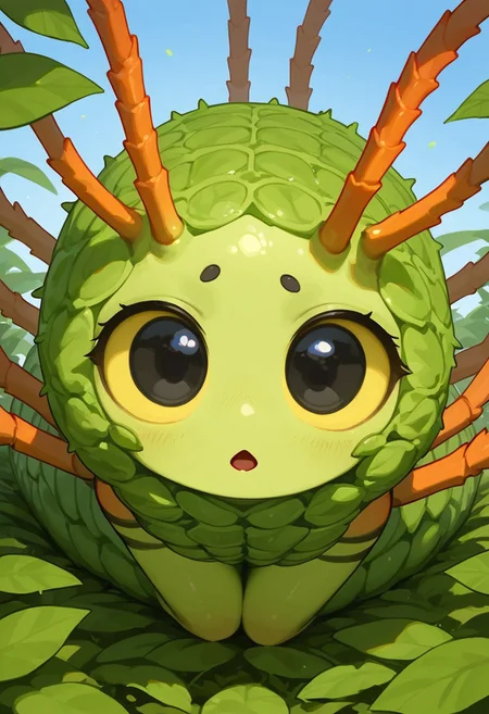score_9, score_8_up, score_7_up, score_6_up, score_5_up, score_4_up, Expressiveh, (feral insect girl, feral caterpillar girl:1.2), full body shot, rearing up, perky breasts, green caterpillar, open mouth, cute, petite, (arms down at sides), single orange horn, (two-pronged horn), green body, leaves, looking at viewer, ((crawling, slithering, many legs:1.2), big bulbous head, long body, centipede legs:1.3), black eyes, (dilated eyes), yellow sclera, big eyes, outdoors, blue sky, sunny day, black stripes, dutch angle, diagonal view