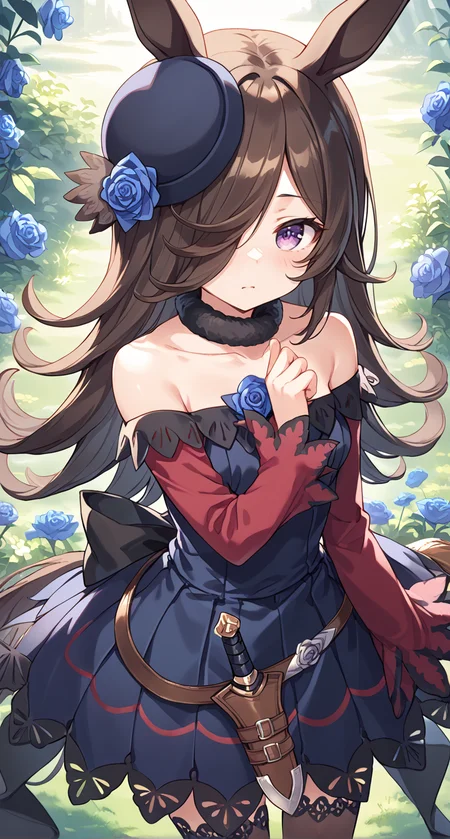 score_9,score_8_up,score_7_up,
official art,official style,game cg,megami magazine,
1girl,
rcs race,rice shower (umamusume),
animal ears,back bow,bangs,bare shoulders,belt,black bow,blue dress,blue flower,blue rose,
blush,brown hair,black legwear,brown thighhighs,collarbone,dagger,dress,dress bow,eyebrows visible through hair,
flipped hair,flower,fur choker,fur collar,hair flower,hair ornament,hair over one eye,
hat,hat flower,horse ears,horse girl,horse tail,knife,long hair,long sleeves,
off shoulder,off-shoulder dress,one eye covered,purple dress,purple eyes,purple headwear,rose,
sheath,sheathed,shoes,short dress,sleeves past wrists,tail,thigh-highs,thighhighs,
tilted headwear,very long hair,violet eyes,weapon,
standing,
<lora:umamusume_rice_shower_pony_v1:1>,