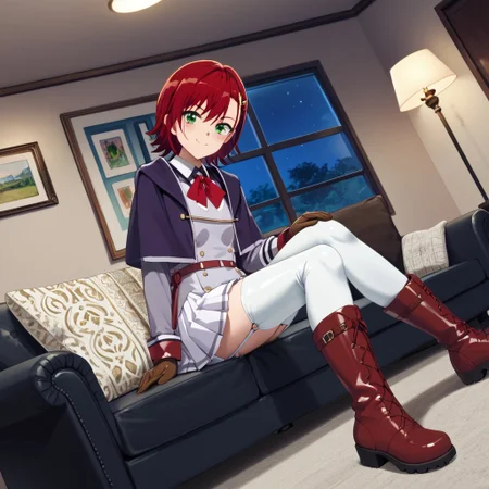 masterpiece, best quality, score_9, score_8_up, score_7_up, full body, 1 girl, looking at viewer, cowboy shot, dutch angle, indoors, sitting on couch, living room, night, blush, smile, amyu, green eyes, red hair, short hair, latex school uniform, garter straps, pleated latex skirt, white latex thighhighs, latex thighhighs, brown latex boots, flat boots, brown latex gloves