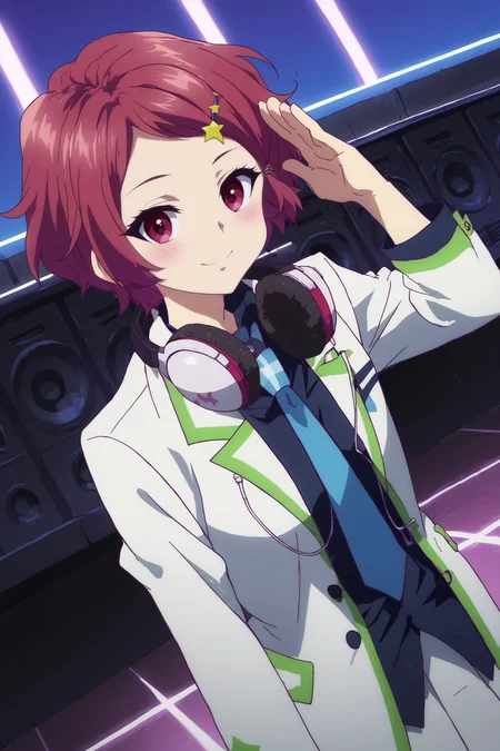 koito minase,1girl,solo,smile,headphones around neck,headphones,necktie,short hair,hair ornament,hairclip,star (symbol),star hair ornament,looking at viewer,school uniform,jacket,lowlight,low light,oily skin,shiny_skin,upper body,smile,good_hands,pantyhose,leaning_forward,two-finger_salute,dutch angle BREAK indoors,nightclub,music,lights, dancefloor, DJ, speakers,shadows,led,pink neon led <lora:Koito_Minase_-_Musaigen_no_Phantom_World.safetensors:0.8> <lora:detailed_backgrounds_v2.safetensors:0.7> <lora:lowlight.safetensors:0.7>