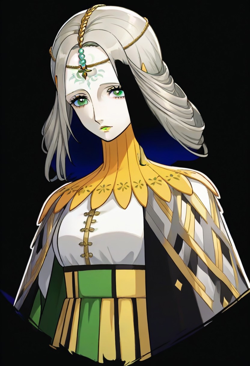 source_anime, 1girl, white skin, grey hair, forehead tattoo, green eyes, green lips, hair decoration, head chain, wrinckles, high yellow collar, medieval dress, white and green dress,<lora:Joanna_-_Metaphor_ReFantazio_-_Pony:1>