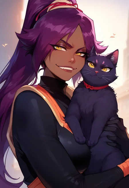 score_9, score_8_up, score_7_up, score_6_up, p3tl0v3, 1girl, yoruichi shihouin, long hair, yellow eyes, ponytail, purple hair, , dark skinned female,
bodysuit, black bodysuit
hugging a cat, (black cat), smug cat,