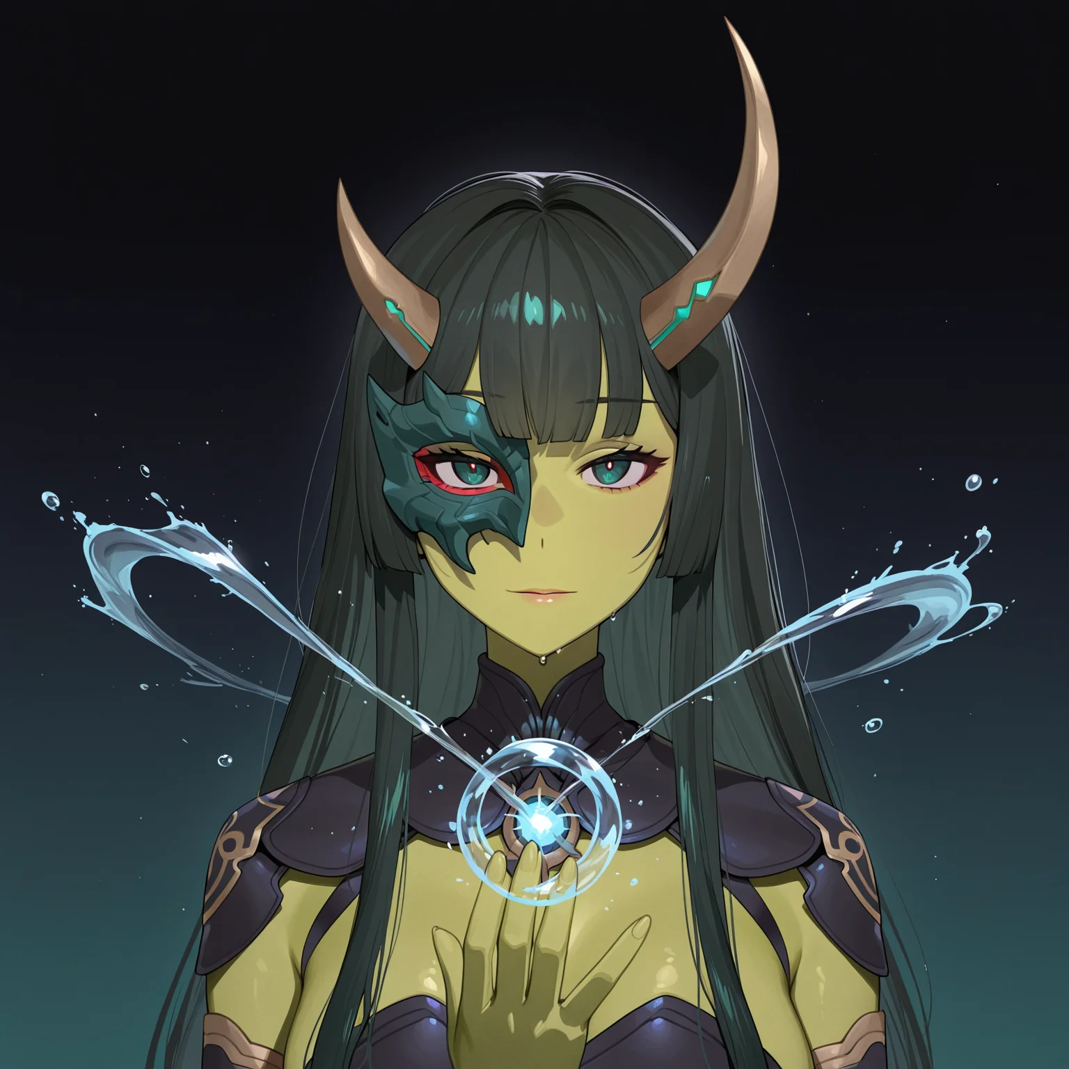 masterpiece, best quality, t4bbt0, 1girl, green skin, long hair, blunt bangs, dark green hair, looking at viewer, horned headgear, solo, half mask, night, water, gradient background, water magic, upper body