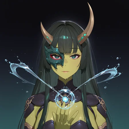masterpiece, best quality, t4bbt0, 1girl, green skin, long hair, blunt bangs, dark green hair, looking at viewer, horned headgear, solo, half mask, night, water, gradient background, water magic, upper body