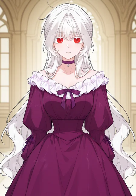 gorgeous girl, kawaii girl, cute face, masterpiece, best quality, very awa, absurdres, ultra-detailed-eyes, detailed background, ambient occlusion, raytracing, soft lighting, absolutely eye-catching, intricate cinematic background, (beautiful face), Masterpiece,(perfect female body),(detailed hair), detailed background, small waist, detailed skin, (4k),(incredibly detailed:1.4), perfect anatomy, slim, neatly drawn nose, beautiful fingers, small waist, (super model body), (breasts), looking at viewer, long dress, 
<lora:Eisel_-_The_Male_Lead_Is_In_Charge_Of_The_Successor-Kaleid_Illustrious:1> /eisel/, 1girl, long hair, red eyes, bangs, white hair, white eyelashes, purple dress, purple choker, purple ribbon, frills