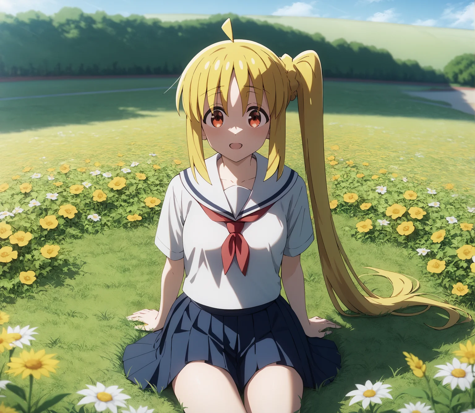 score_9, score_8_up, score_7_up, highres, hi res, best quality, masterpiece, 2d, intricate details, 4k, anime coloring, shadow, uncensored,
1girl, solo, female, :3, long hair, blonde hair, red eyes, ahoge, sidelocks, side ponytail, detached ahoge,
school uniform, serafuku, sailor collar, sailor fuku, pleated skirt, necktie, red bow, red necktie,
cowboy shot, three-quarter portrait, facing viewer, front view, sitting,
flower field, outdoors, grass, on grass, depth of field, motion blur, <lora:Nijika_Ijichi_1024_Pony:1>, ijichi nijika, bocchi the rock!,