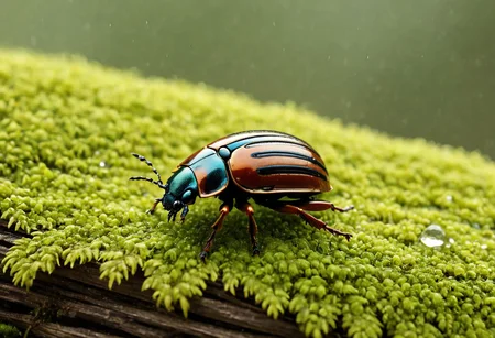 Cinematic, Cinematic Lighting, Cinematic Shot, extremely detailed, Film Still, macro photography, depth of field, high detail, hires textures, incredibly detailed, intricate details, intricate diorama, masterpiece, Movie Still, outstanding intricacies, photorealism, true masterpiece, fountain background, glamourous, Stately, scarab beetle, rain beetle, cry5t415ku11, Pleocoma badia, Pacific Northwest conifer forest, sitting on a rotten log with moss and fungi.