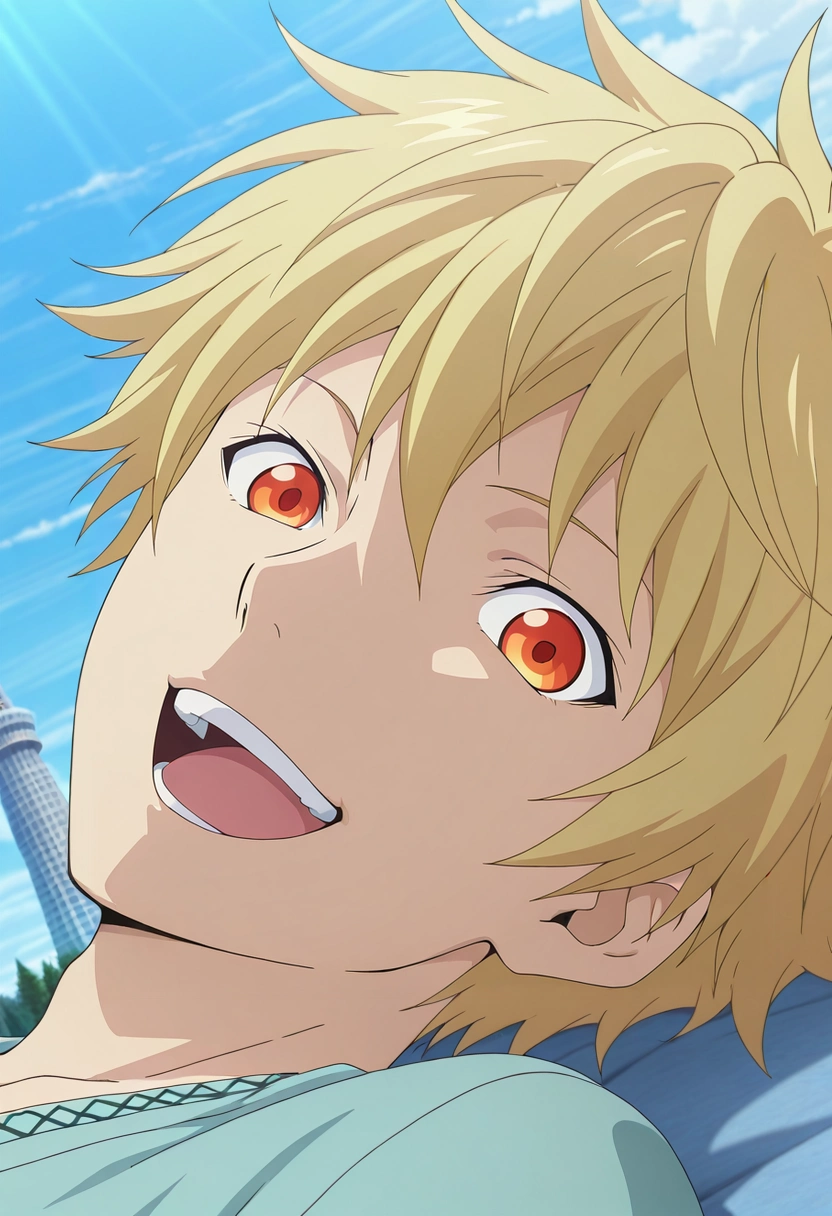 masterpiece, best quality, intricate details, anime screencap, anime coloring, official style, looking at viewer, 1boy, solo, male focus, <lora:yukine_noragami_ilxl:0.98>, yukine_noragami, blonde hair, red eyes, orange eyes, , asymmetrical, skytree, day, lying, on back, laughing,