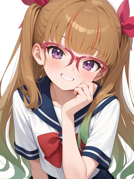 serafuku, yuamu ohdo, 1girl, solo, smile, looking at viewer, hand on own cheek, head tilt, blush, closed mouth, white background, two side up, hand up, upper body, red hair ribbon, blue pleated skirt, white sailor shirt, pink-framed eyewear,teeth
masterpiece,best quality,amazing quality,very aesthetic,absurdres,newest,<lora:ohdo yuamu illuXL v1:0.85>,