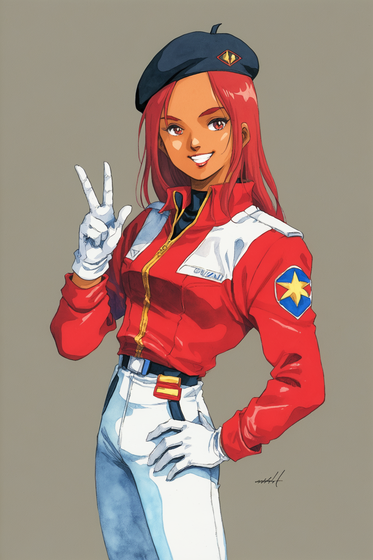 1girl,traditional media,hat,red hair,beret,dark skin,hand on hip,gloves,smile,long hair,pants,dark-skinned female,watercolor (medium),red jacket,white gloves,jacket,uniform,looking at viewer,v,partially colored,sketch,black headwear,score_9,score_8_up,source_anime,<lora:Haruhiko Mikimoto_XL_PONY_V2:0.9>,