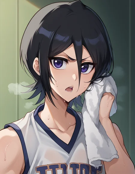 score_9, score_8_up, score_7_up, source_anime, <lora:rukia-kuchiki-ponyxl-lora-nochekaiser:1>, rukia kuchiki, black hair, hair between eyes, purple eyes, short hair, <lora:basketball-uniform-ponyxl-lora-nochekaiser:1> basketball uniform, basketball jersery, sportswear, jersey, shorts, sleeveless,, audience, gym, sweat, open mouth, steam, <lora:wiping-towel-ponyxl-lora-nochekaiser:1> wiping sweat, towel, holding, sweat, holding towel, looking at viewer, open mouth,, cowboy shot,