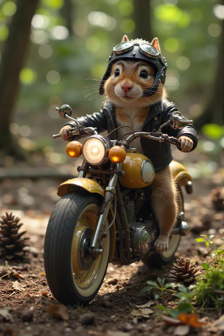 A professional photograph of A mischievous chipmunk sporting aviator goggles and a spiked leather jacket zips through the forest on a makeshift motorcycle built from twigs and vines. The wheels are perfectly round slices of mushrooms, with specks of glowing fungi serving as headlights. The handlebars are twisted branches, and the exhaust pipes puff out tiny bursts of dandelion fluff with each rev of the engine. Around him, fallen pine cones line the dirt path like tiny road markers, and birds perched on the trees look on in surprise. The forest floor, covered in moss and leaves, becomes a whimsical racetrack as the chipmunk leans into turns, his tiny helmet gleaming under the dappled sunlight filtering through the trees.<lora:aidmaMJ6.1-FLUX-V0.1:0.6><lora:Movie_Portrait><lora:Flux DetailerV2>