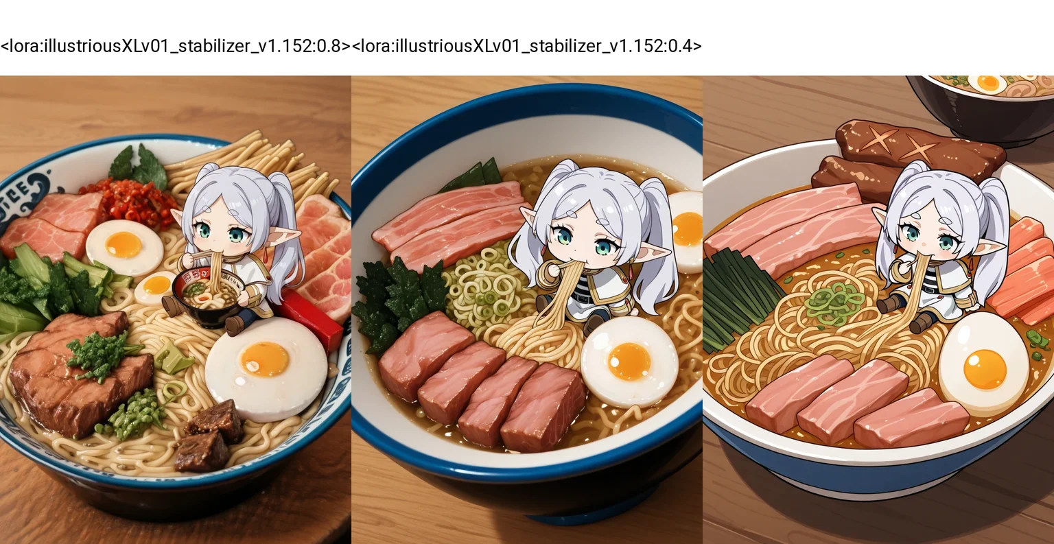 <lora:illustriousXLv01_stabilizer_v1.152:0.8>Delicious bowl of steamy ramen,egg,thick cuts of meat,veggies,noodles,salty broth,frieren,mini person,chibi,sitting,eating,