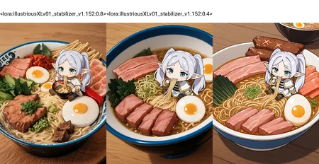 <lora:illustriousXLv01_stabilizer_v1.152:0.8>Delicious bowl of steamy ramen,egg,thick cuts of meat,veggies,noodles,salty broth,frieren,mini person,chibi,sitting,eating,