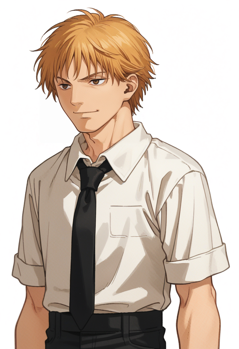score_9, score_8_up, score_7_up, source_anime, 1boy, solo, smirk
<lora:zs_FE10PortraitsXL:1.2> fe10portraits, portrait, white background
<lora:denji_chainsaw_man_pony:0.5> denji_chainsaw_man, blonde hair, brown eyes, short hair, white shirt, black tie, black pants