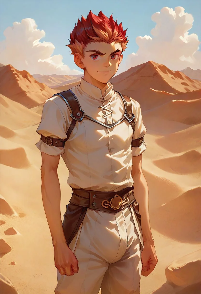 score_9, score_8_up, score_8_up, 1boy, handsome twink, masterpiece, gold and crimson hair, crimson eyes, medieval clothing, medieval pants, medieval shirt, detailed cloth clothing, detailed background, flat desert background, sandy desert, standing up, taiga, neutral expression, light smile, light tan