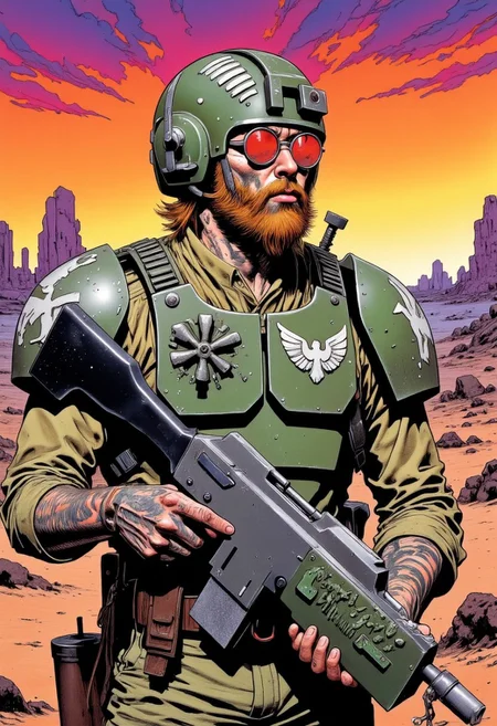 solo, warhammer 40,000, an illustration of member of the imperial guard, body armor, helmet, round sunglasses, lasgun, red-dot sight on top of lasgun, aquila emblem on chestplate, white shoulder markings, ammunition pouches, knife scabbard, wearing grenades, Sleeves rolled up above elbows, mandarin collar, olive drab uniform, kneepads, combat boots, tattooed forearms, full beard, well-groomed, blonde, post-apocalyptic background, desert, in style of comic book, flat colors, Psychedelic Portrait, Colorful, Psychedelic Style, The phrase "Murder Patrol" is hand-painted on his helmet, sunset, volumetric lighting, profile, side-view,