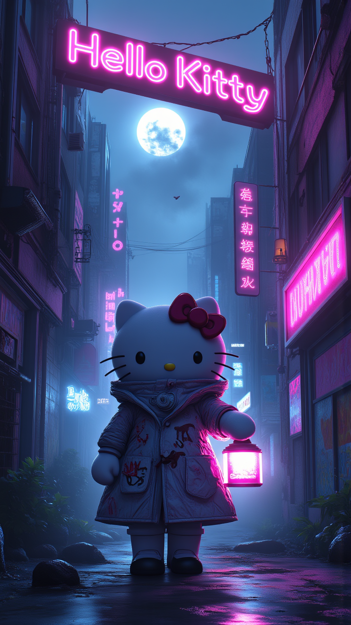 A digital illustration of Hello Kitty in a dystopian cityscape. The buildings are dilapidated and covered in graffiti, with heavy fog hanging low. Neon signs flicker above, casting bright but fragmented pink and purple lights onto the street. Hello Kitty stands in the center, wearing a futuristic cloak, holding a glowing lantern that cuts through the fog, creating a somber and surreal visual. , aidmamj6.1