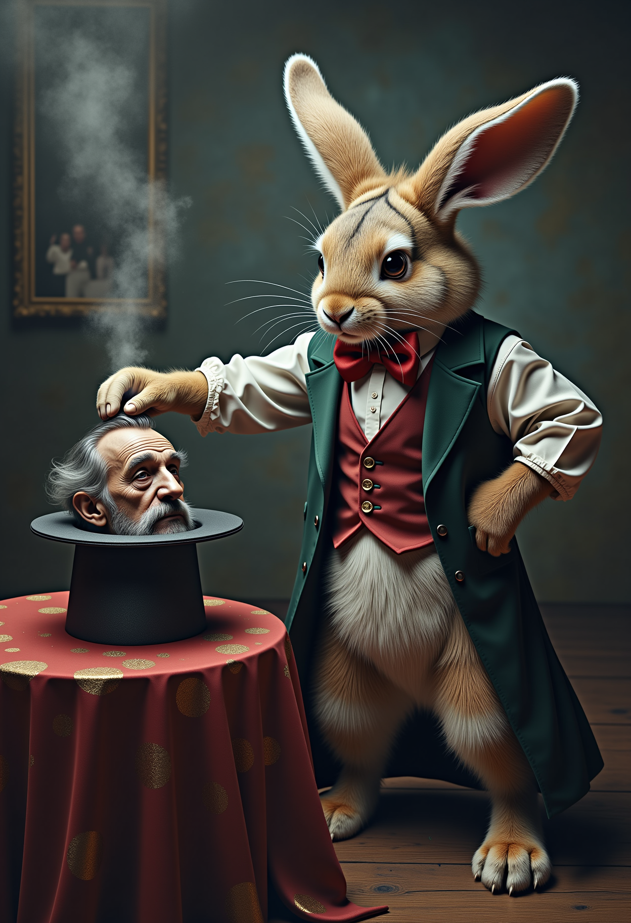 in an alternate universe an anthropomorphic rabbit magician standing next to a table with a magician hat on it pulls an old man by the hair out of a magician hat  <lora:Dever_Flux_Enhancer:0.5>
