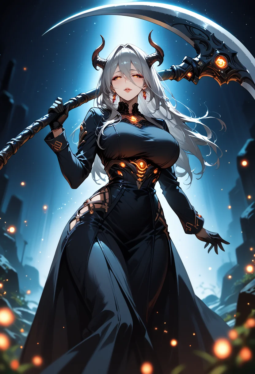 score_9, score_8_up, score_7_up, score_6_up, source_anime, absurdres, highres, sharp detailed, 4k, 8k, 16k, official art, sharp focus, character focus, epic,
1girl, solo, mature female, long hair, long sleeves, hair between eyes, gloves, dress, holding, grey hair, horns, black gloves, black dress, glowing, scythe, holding scythe, half-closed eyes, makeup, huge breasts, thin waist, large hips, adult, doom theme, dark theme, black theme,
rising particles, glowing particles, depth of field,
<lora:AuraGlow_Style_v1:1.0>