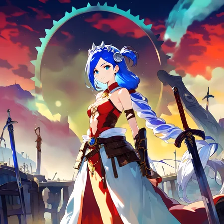 <lora:pony_xl_ubw:0.9>,score_9,score_8_up,score_7_up,source_anime,gears,weapon,sword,planted,planted sword,hills,night,red sky,looking_at_viewer,cowboy_shot,<lora:pony_xl_dana:0.9>,dana,