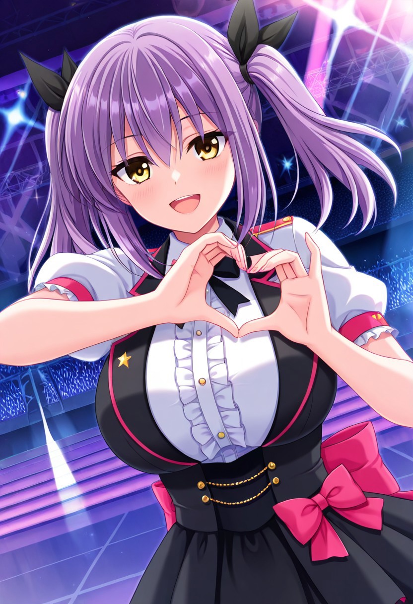 general,highres, ultra-detailed,very aesthetic,best quality ,best hands,best eyes,easynegative,
dynamic anglre, dutch angle, anime cloring,anime screencap,
1girl solo,looking at viewer,on stage,concert hall,open mouth,smile,dancing,
Shion Kuroki,purple hair,twintails,hair ribbon,black ribbon,huge breasts,yellow eyes,idol costume,
