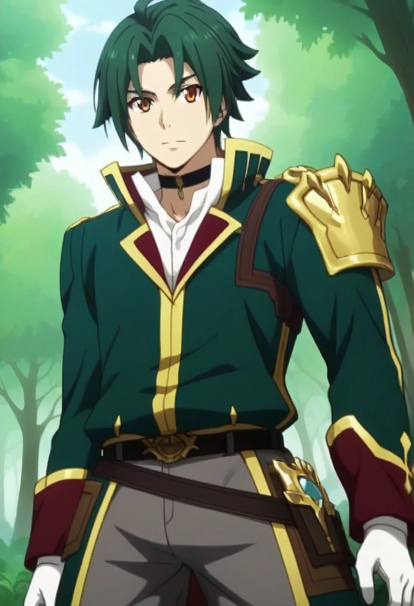 ((masterpiece)), ((best quality)), ((ultra-detailed)), ((absurdres)), score_9_up, score_8_up, score_7_up,
HD, top quality, best quality, amazing quality, High-quality illustrations, anime screencap, source_anime, best aesthetic, perfect proportions, perfect eyes, 1boy, 1male, solo boy, solo male, male focus, solo male focus, Anime, boy, male anime character, anime boy, handsome, cute, charming, sexy, Theo Cornaro, green hair, split bangs, orange eyes, black hair, hair between eyes, green eyes, choker, long green coat, closed coat, left arm armor, red sleeve cuffs, white gloves, brown belt straps, belt, grey pants, ((lean body, toned fit body, slim waist)), ((tall, tall body, Tall height)), ((forest, trees, nature)), ((view from below, worm's eye view)), easynegative, updn, Expressiveh, masterpiece, best quality, very aesthetic, absurdres