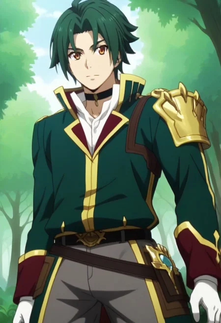 ((masterpiece)), ((best quality)), ((ultra-detailed)), ((absurdres)), score_9_up, score_8_up, score_7_up,
HD, top quality, best quality, amazing quality, High-quality illustrations, anime screencap, source_anime, best aesthetic, perfect proportions, perfect eyes, 1boy, 1male, solo boy, solo male, male focus, solo male focus, Anime, boy, male anime character, anime boy, handsome, cute, charming, sexy, Theo Cornaro, green hair, split bangs, orange eyes, black hair, hair between eyes, green eyes, choker, long green coat, closed coat, left arm armor, red sleeve cuffs, white gloves, brown belt straps, belt, grey pants, ((lean body, toned fit body, slim waist)), ((tall, tall body, Tall height)), ((forest, trees, nature)), ((view from below, worm's eye view)), easynegative, updn, Expressiveh, masterpiece, best quality, very aesthetic, absurdres