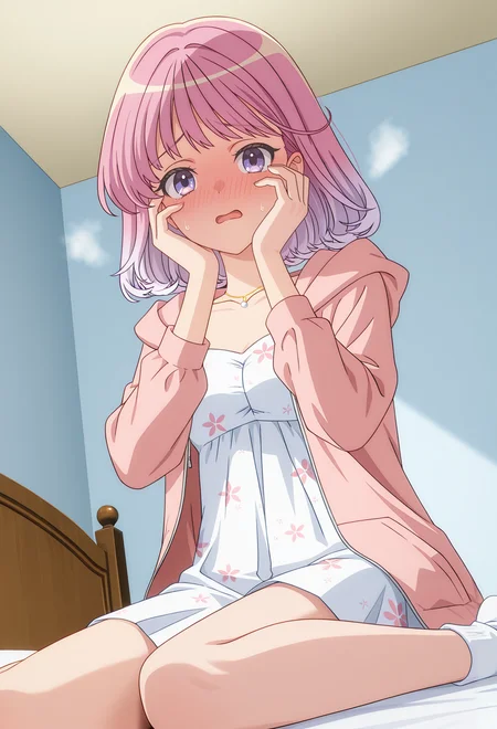 <lora:YUNA AKAGI-000036:1>,
YUINA AKAGI,short hair,gradient hair,medium hair,
necklace,jewelry,hooded jacket,pink jacket,hood down,floral print dress,open jacket,white socks,white dress,
solo,looking at viewer,collarbone,hood,wariza,bed,from_below,shy,hands on the face,open mouth,steam,full-face blush