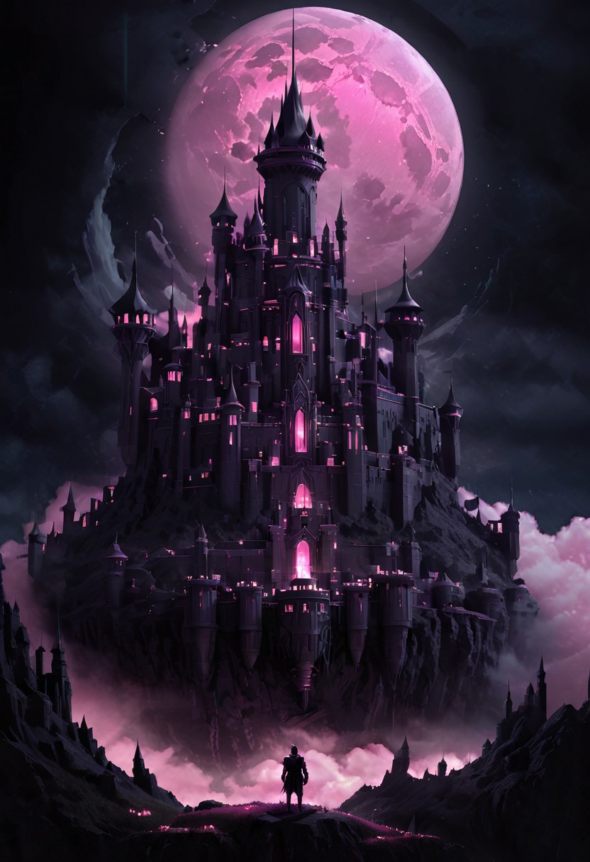 castle,
A traveler looking at a gigantic castle made of dozens of towers, medical, white, grass,matchcraft floating island , floating island, towers , sky , fly , cloud,castle, matchcraft floating island, dark, chiaroscuro, low-key, Dark Fantasy page, moon , pink moon , light pink