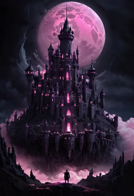 castle,
A traveler looking at a gigantic castle made of dozens of towers, medical, white, grass,matchcraft floating island , floating island, towers , sky , fly , cloud,castle, matchcraft floating island, dark, chiaroscuro, low-key, Dark Fantasy page, moon , pink moon , light pink