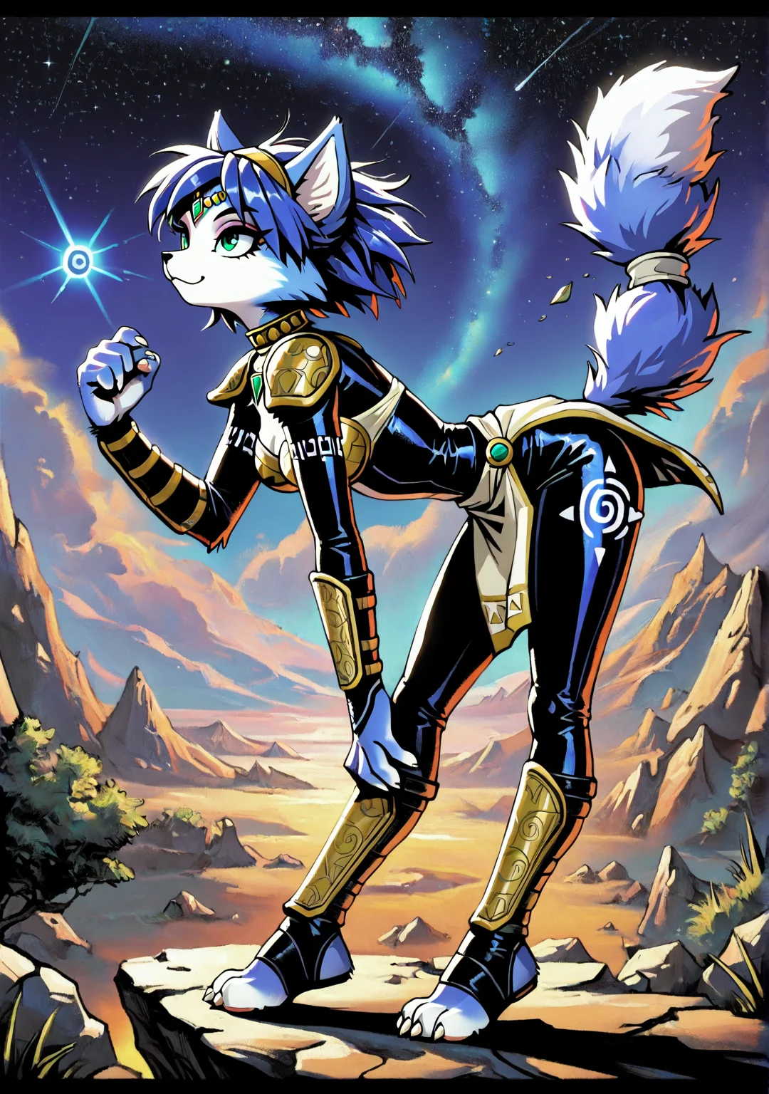 masterpiece,best quality,amazing quality, mm2shd, solid black shading, FMIXF2, trineal, hued shading, vibrant shading, detailed fur, solo, krystal, star fox, small claws, paws, black lips, eyeshadow, :3, leaning forward, hand up, bodysuit, outdoors, night sky, starry sky