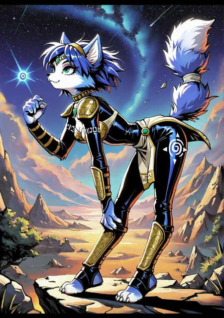 masterpiece,best quality,amazing quality, mm2shd, solid black shading, FMIXF2, trineal, hued shading, vibrant shading, detailed fur, solo, krystal, star fox, small claws, paws, black lips, eyeshadow, :3, leaning forward, hand up, bodysuit, outdoors, night sky, starry sky