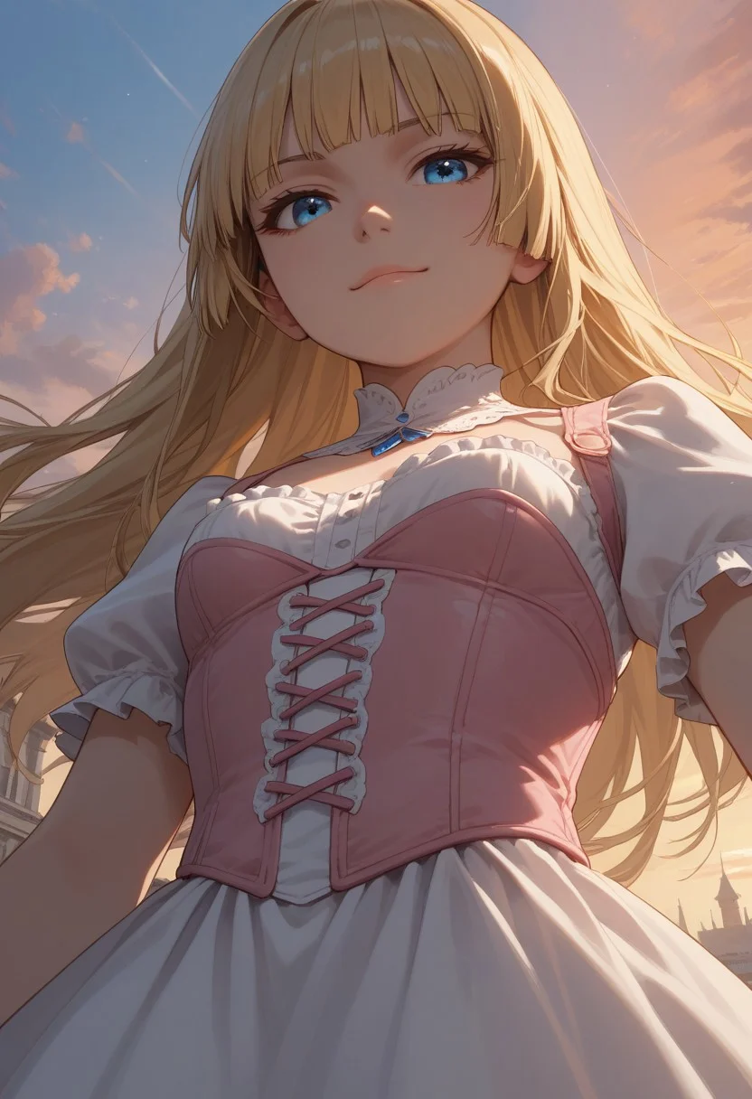 (score_9, score_8_up, score_7_up), 1girl, solo,( blonde hair), blue eyes, long hair, hime cut, long bangs, small breasts, pink corset, frills, white dress, sunrise,
( face focus, from below, close-up:1.4), rooftops, mansion, city,
fisheye, (relaxed, dutch angle:1.2),
(smug:1.2)