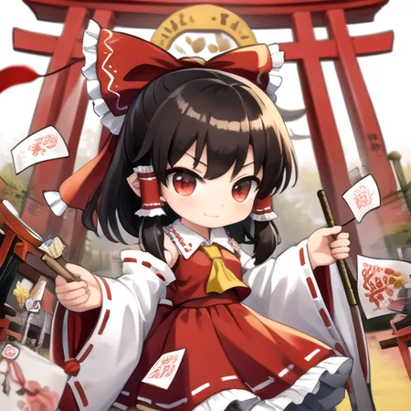 (masterpiece, best quality:1.2), <lora:AKTEST-03:1> chibi, hakurei reimu, torii gate, ofuda