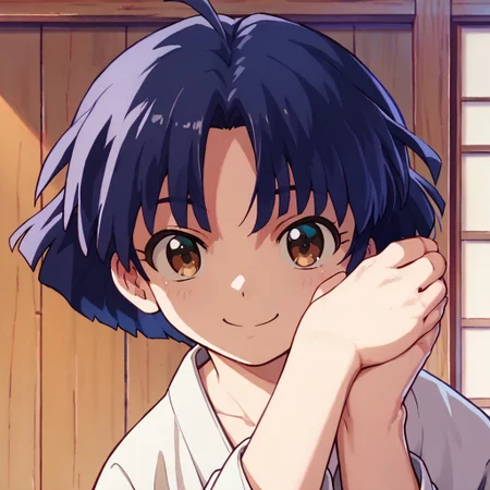 score_9, score_8_up, score_7_up BREAK AkaneTendo, 1girl, dark blue bob cut, brown eyes, white karate black-belt outfit, karategi, barefoot, smiling at viewer, hugging legs,
