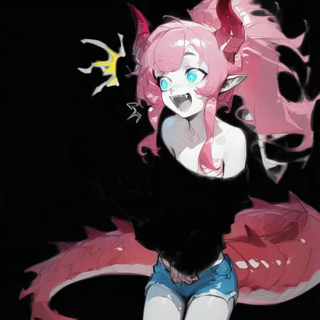 (Blend_in, black background), score_9, score_8_up, score_7_up, masterpiece, best quality, absurdres, vibrant, highly detailed, sketch, monochrome, greyscale, spot color, 1girl, Lynn Pink, blue eyes, pink hair ponytail, tail, horns, pointy ears, fangs, (((adult))), small breasts, denim shorts, simple shirt, long sleeves, off shoulder, no bra, happy, (^^, :D:1.5)