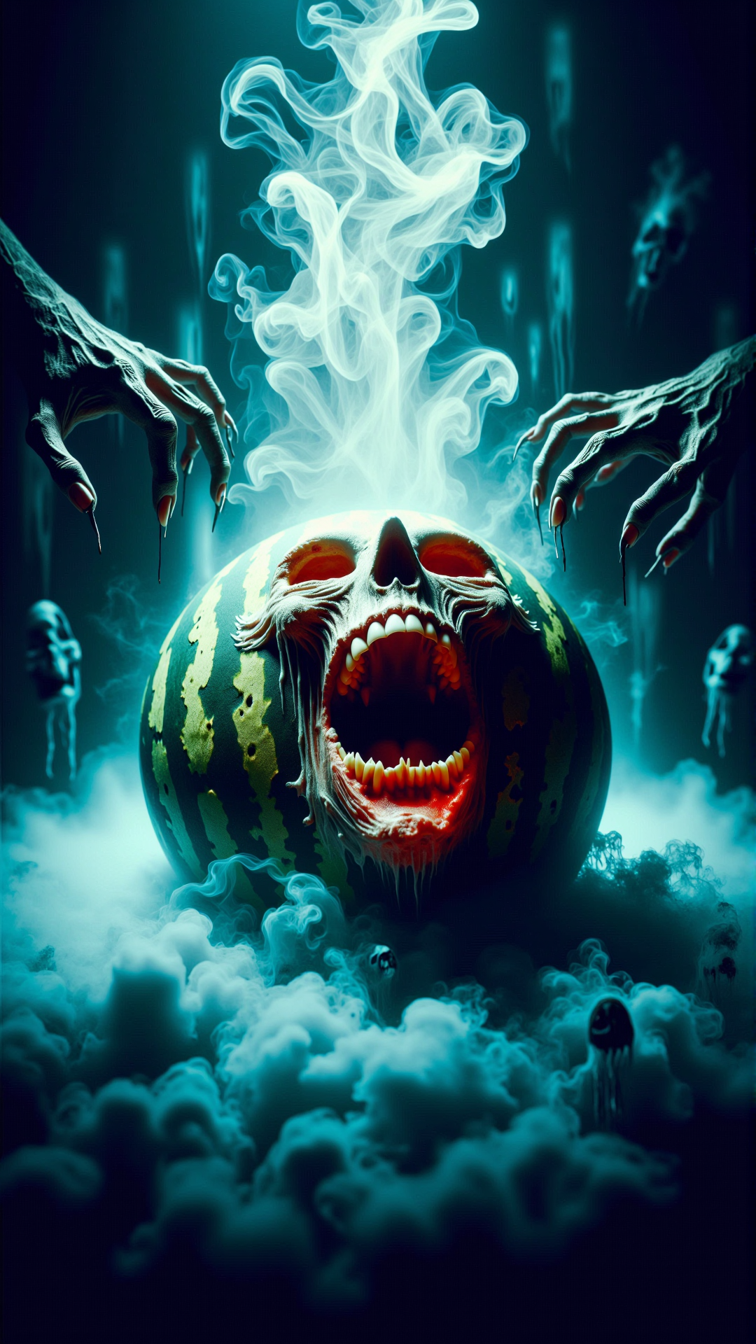 A stunning horror a professional (film grain:1.2) photography, realistic photo of a dark cursed screaming gruesome watermelon <lora:DarkmosphericFlux:0.65>, gas spirit rising up, high resolution photography, ultra resolution, 4k, 8k, 16k, HDR, DOF, studio photography, professionalism<lora:AHauntedFlux:0.75>photography,warm lighting,close-up shot,low angle,(abstract:1.3),flowing,volumetric lighting,bioluminiscent,strong backlight,(bilaterally symmetrical:1.2),shot on Ricoh GR III with GR 18.3mm f-2.8