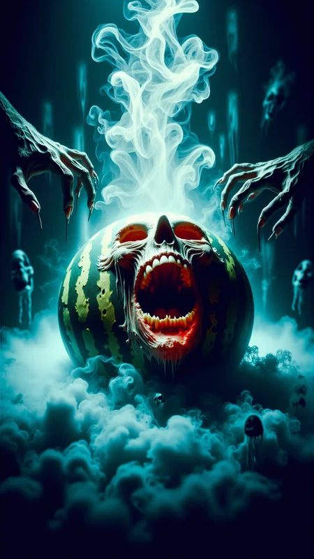 A stunning horror a professional (film grain:1.2) photography, realistic photo of a dark cursed screaming gruesome watermelon <lora:DarkmosphericFlux:0.65>, gas spirit rising up, high resolution photography, ultra resolution, 4k, 8k, 16k, HDR, DOF, studio photography, professionalism<lora:AHauntedFlux:0.75>photography,warm lighting,close-up shot,low angle,(abstract:1.3),flowing,volumetric lighting,bioluminiscent,strong backlight,(bilaterally symmetrical:1.2),shot on Ricoh GR III with GR 18.3mm f-2.8